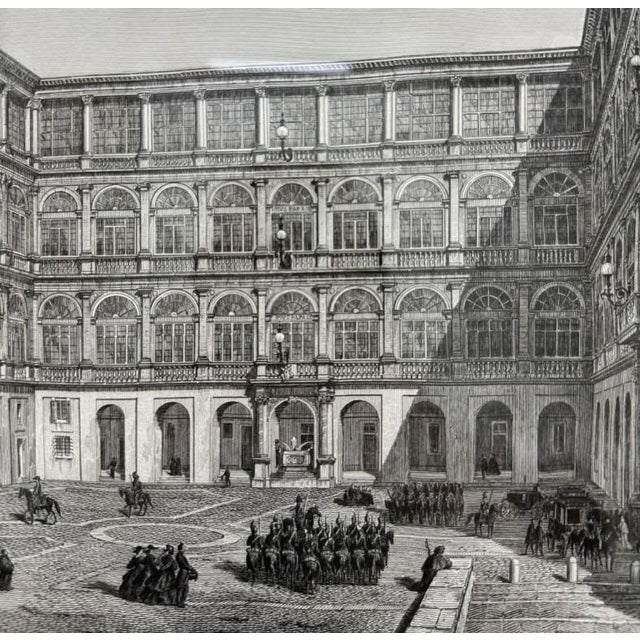 Glass 19th Century Engraving of the Court of San Damaso in Vatican City For Sale - Image 7 of 16