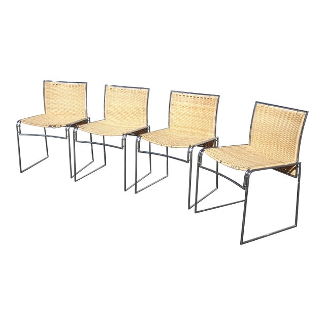Set of Four Vintage Chrome Rattan Dining Chairs Mid Century Modern For Sale