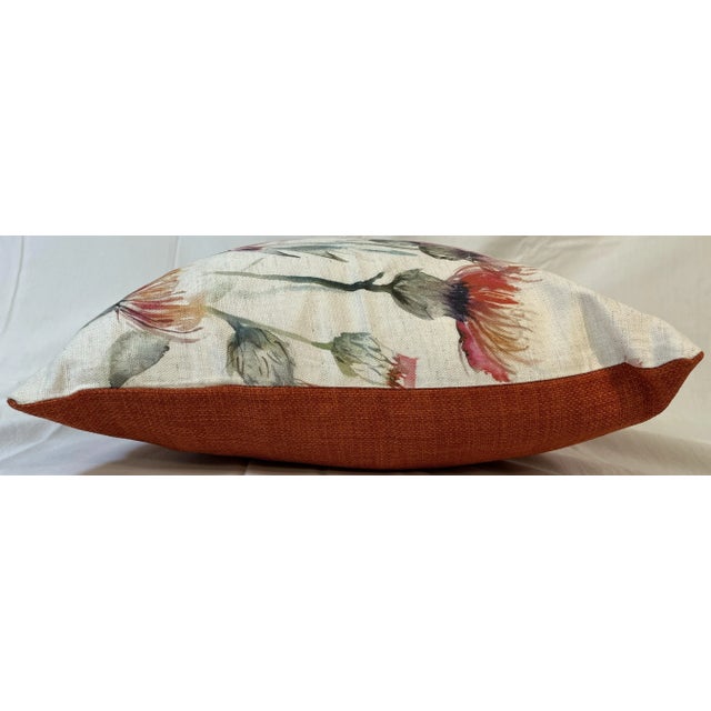 16" Square Decorative Pillow Embellished With a Selection of Red & Coral Colored Thistle Flower Blooms on a Crisp Cream Background - Made in the U K For Sale - Image 10 of 11
