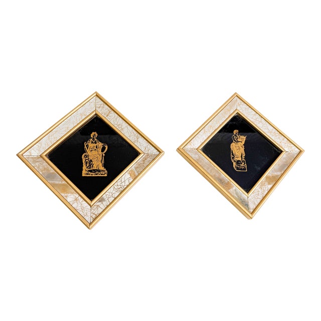 1960s Vintage Mid Century Illinois Moulding Co Greco Roman, Hollywood Regency Black & Gold Mirror Wall Plaques - Set of 2 For Sale