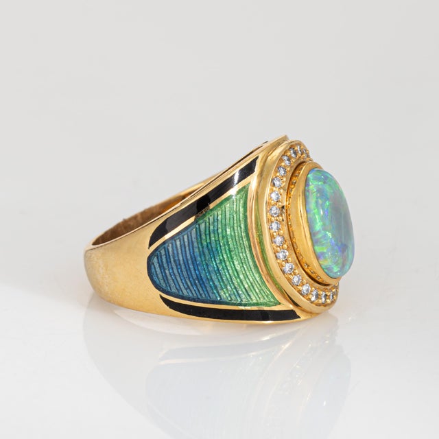 Modern Natural Opal Diamond Ring Enamel Vintage 18k Yellow Gold Wide Cigar Band Sz 7 For Sale - Image 3 of 7