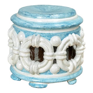 Vintage Italian Glazed Terra Cotta Blue and White Garden Seat For Sale