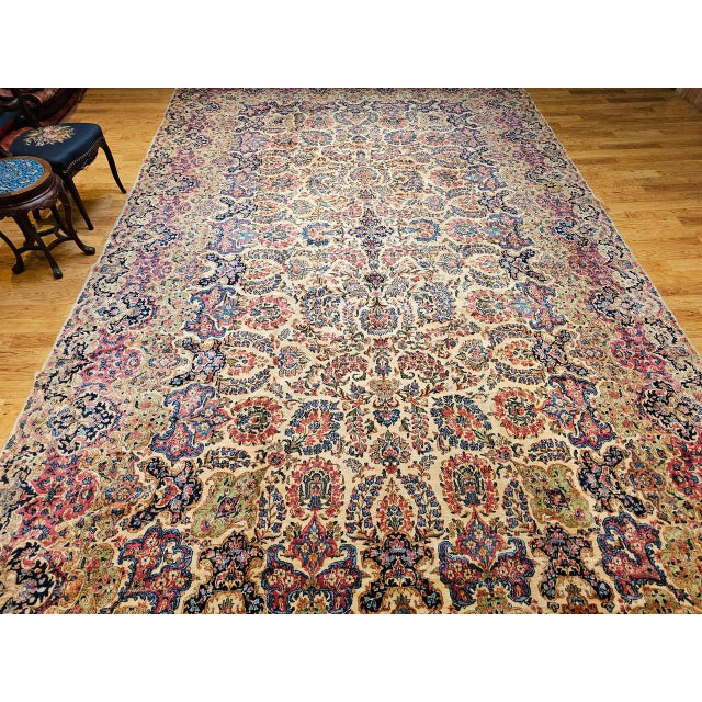 Vintage Oversized Persian Kerman Rug, Hand-Knotted Wool, Allover Floral Pattern, Ivory & Red, 11’ X 18’ For Sale - Image 4 of 14