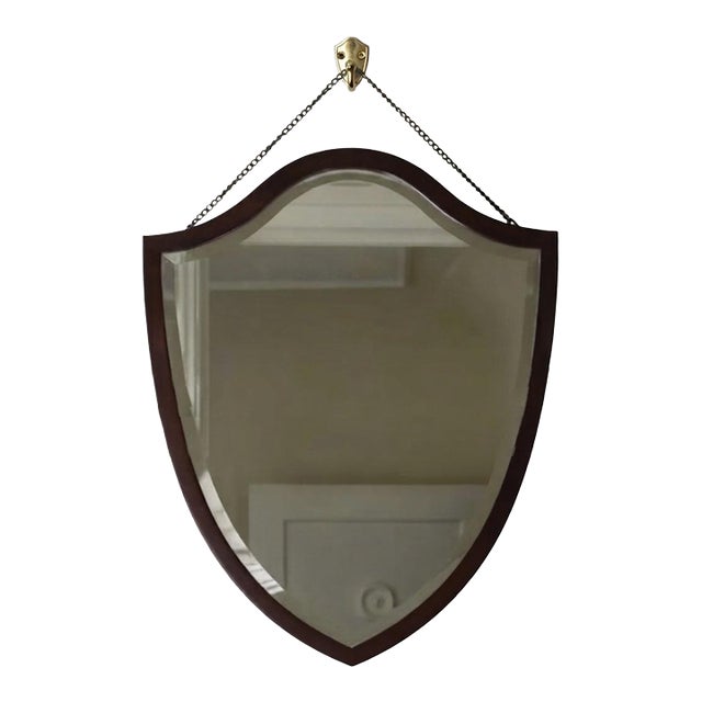 Beveled Shield Shaped Cherry Hepplewhite Mirror by Bombay Company 21” × 26” — Chain Hung - Ralph Lauren, British Colonial, Grandmillennial. See Pics! For Sale