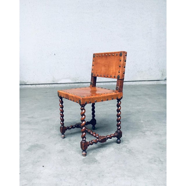 English Cromwellian Style Tan Leather & Oak Side Chairs, Early 1900s, Set of 4 For Sale - Image 16 of 18