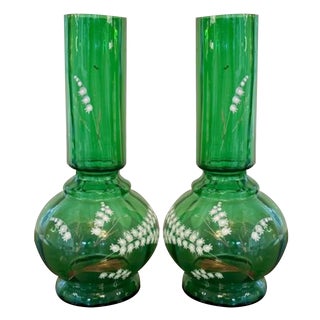 Antique Green Glass Vases, 1900s, Set of 2 For Sale
