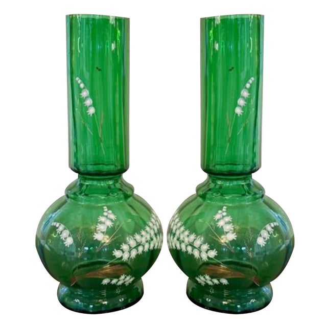 Antique Green Glass Vases, 1900s, Set of 2 For Sale