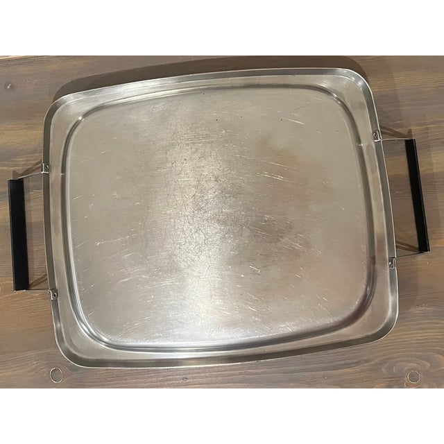 Metal 1950s Mid-Century Sears Roebuck and Simpsons Stainless Steel Serving Tray With Black Metal Handles For Sale - Image 7 of 8