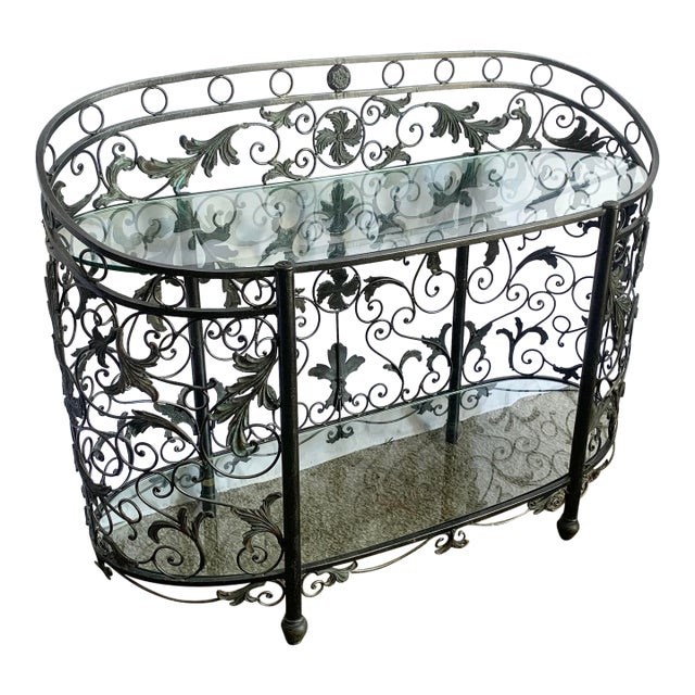 Vintage Wrought Iron Oval Two Tier Glass Top Console Table by Maitland Smith For Sale
