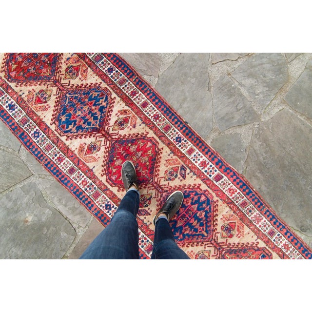 A splendid Kurdish tribal handwoven runner, featuring a step diamond medallion design running down the center. This runner...