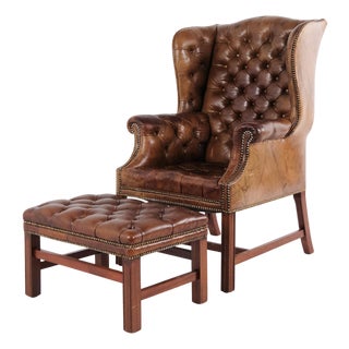 Set of George III Style Wingback Armchair and Ottoman in Brown Leather, 1890s For Sale