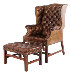 Set of George III Style Wingback Armchair and Ottoman in Brown Leather, 1890s