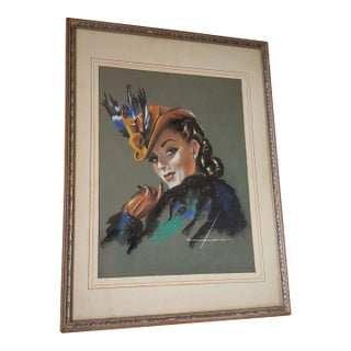 Original C1940s Vintage Illustration of a Pretty Lady With Feathered Hat For Sale