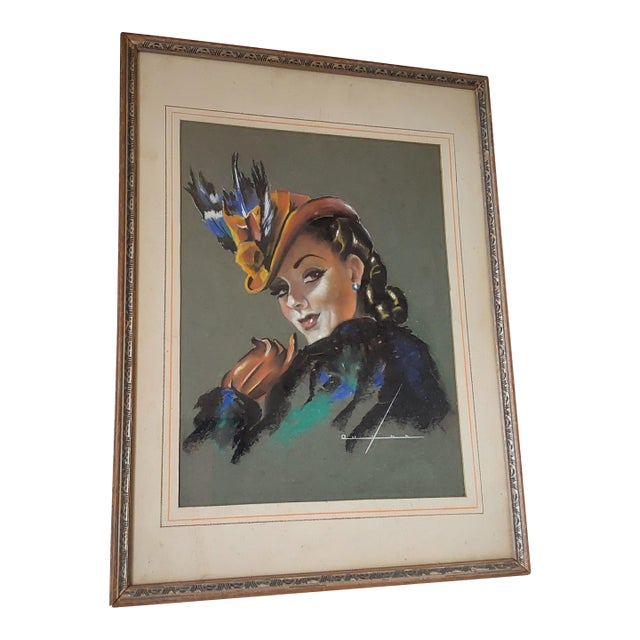 Original C1940s Vintage Illustration of a Pretty Lady With Feathered Hat For Sale