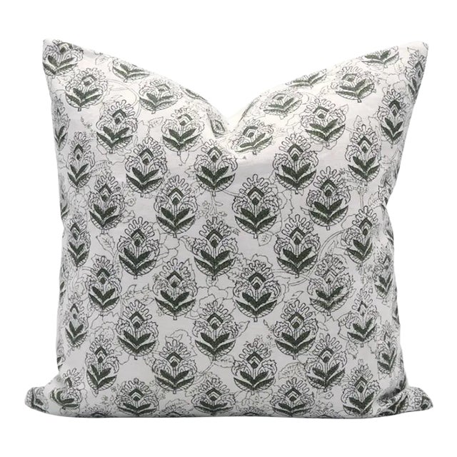 Fabdivine Handmade Block Printed Cushion Cover 14x14 Inch Pure White Linen- Betal Leaf For Sale