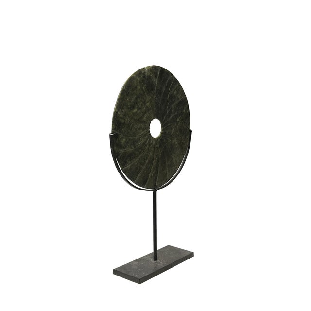 Dark Green Stone Crafted Round Fengshui Harmony Plaque on Stand Display For Sale - Image 4 of 5