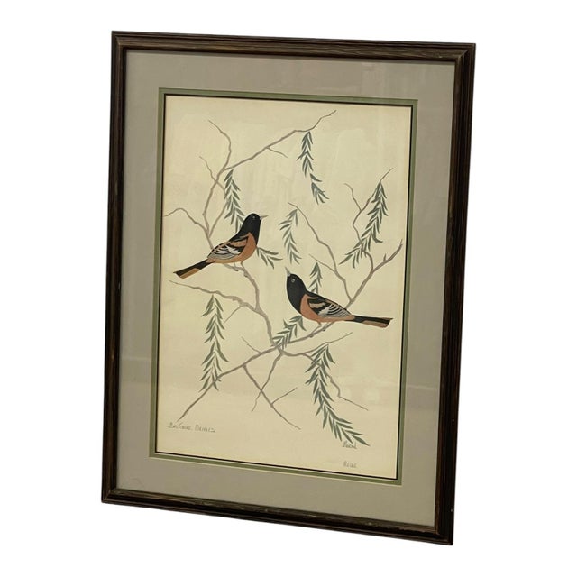 Signed wildlife painting depicting a pair of Baltimore Orioles perched among delicate tree branches with hanging foliage....