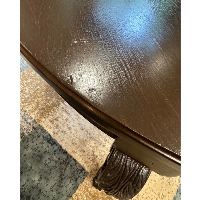 Vintage Hand-Carved Mahogany Veneer Extension Dining Table - 40.5" Round to 88.5" For Sale - Image 10 of 11