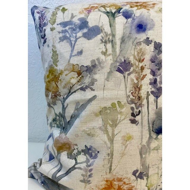20” Square Pillow With a Blue & Gold Watercolor-Like Floral Print - Made in U K For Sale - Image 4 of 11