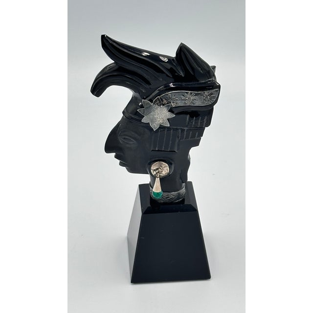Mexican Handcrafted Taxco Mexico Obsidian & 925 Silver Mayan King Pakal Bust Sculpture For Sale - Image 3 of 8