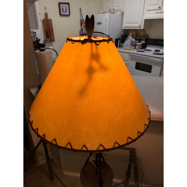 Vintage Cast Iron Arrow Lamp With Leather/Paper Shade Rare For Sale - Image 4 of 6