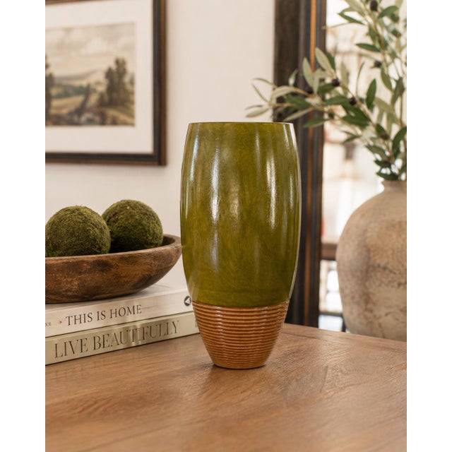 Wood Vintage Hand-Turned Solid Wood Olive Green Sculptural Vase With Ribbed Base – Organic Modern, 14”h For Sale - Image 7 of 7