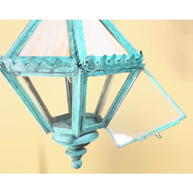 Vintage Verdigris Patina Lantern – Art Glass Hanging Chandelier/ Pendant For Sale - Image 14 of 16