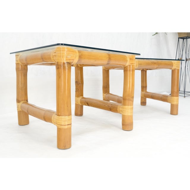 Mid-Century Modern Pair Thick Bamboo Glass Top Rectangle Glass Top End Side Lamp Tables MINT For Sale - Image 3 of 18
