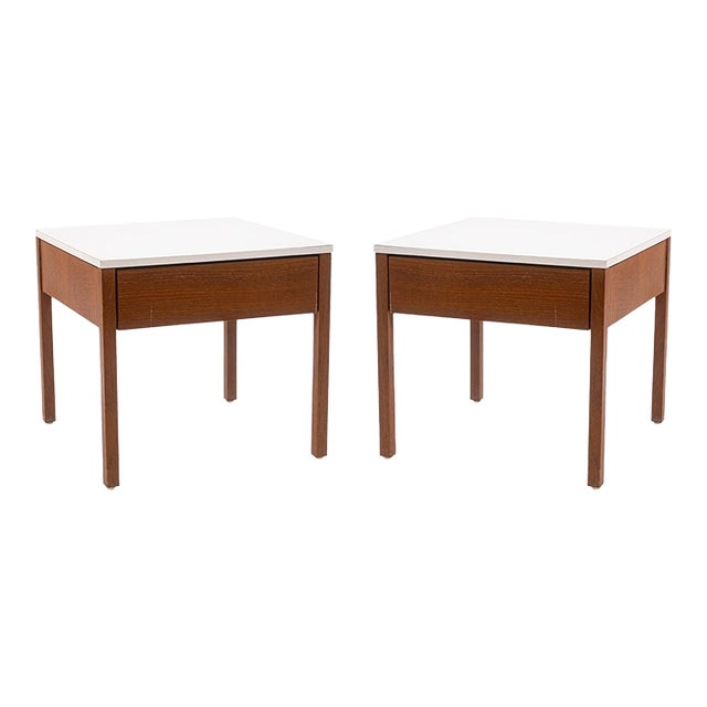 Pair of Florence Knoll for Knoll Walnut & White Laminate Vintage Side End Tables For Sale