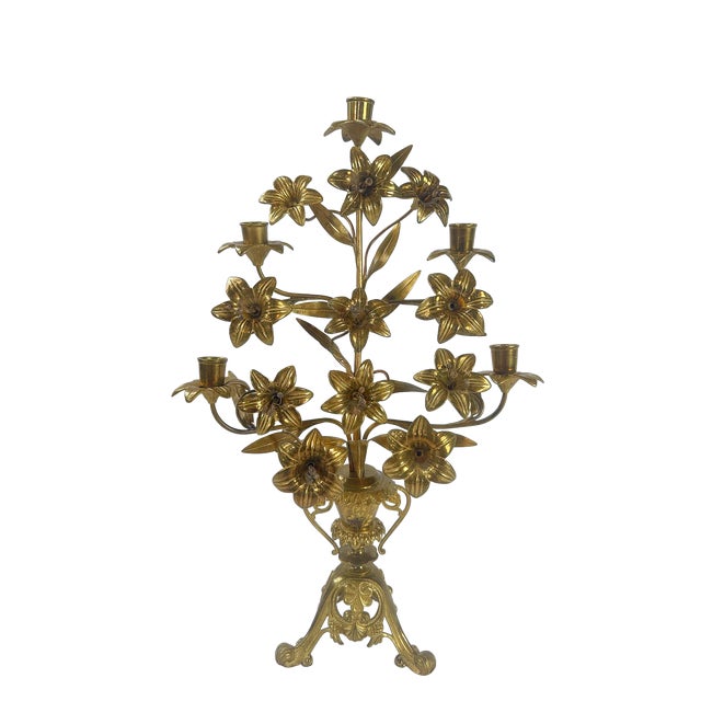 Antique French Brass Lilly Five Arm Candelabra For Sale - Image 9 of 10
