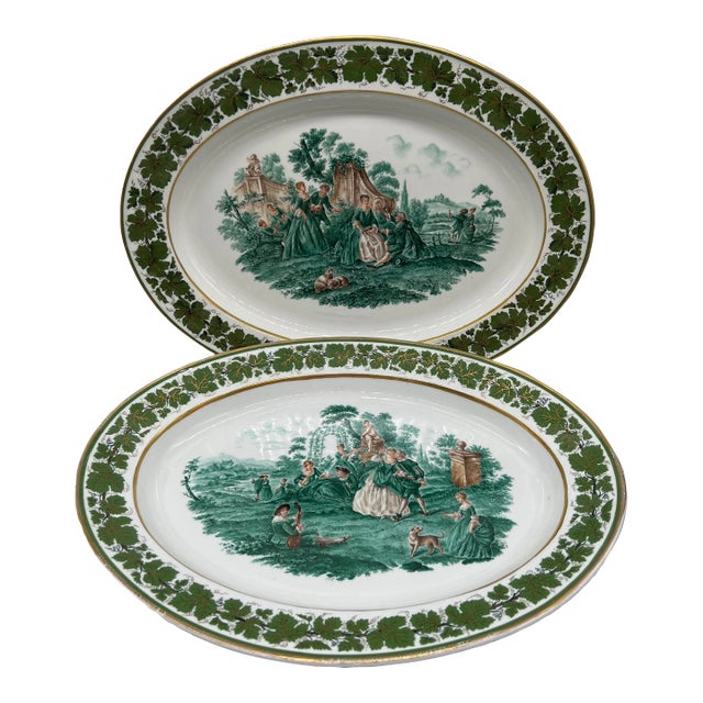 Pair, Meissen Opposing Courting Scene Porcelain "Green Ivy" Platters 19.75" - Circa 1940 For Sale