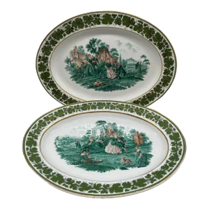 Pair, Meissen Opposing Courting Scene Porcelain "Green Ivy" Platters 19.75" - Circa 1940