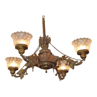 19th Century Bronze 4 Light Etched Glass Shade Gas Chandelier Gasolier For Sale
