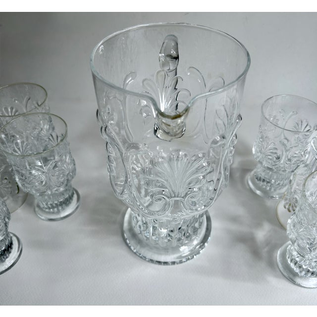 Transparent Vintage Set of Pilgrim Glass Corp. Adams Clear 8 Pedestal Glasses & Pitcher For Sale - Image 8 of 18