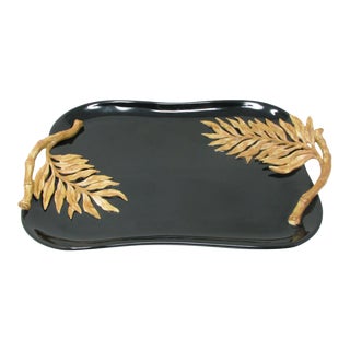 Vintage Fitz & Floyd Black Glazed Earthenware Tray With Palm Leaf Design For Sale