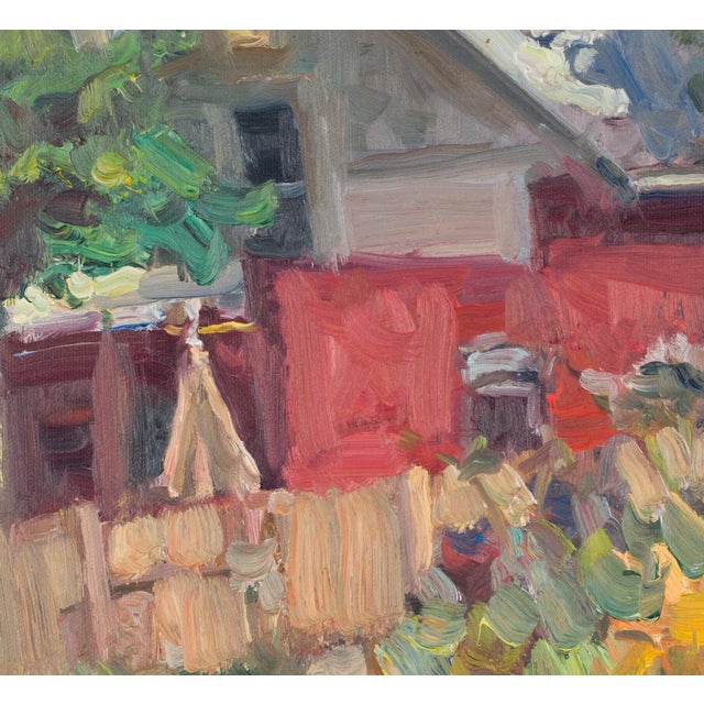 Contemporary Garden House by Mikael Olson | Oil on board Painting of a house surrounded by a garden. For Sale - Image 3 of 5