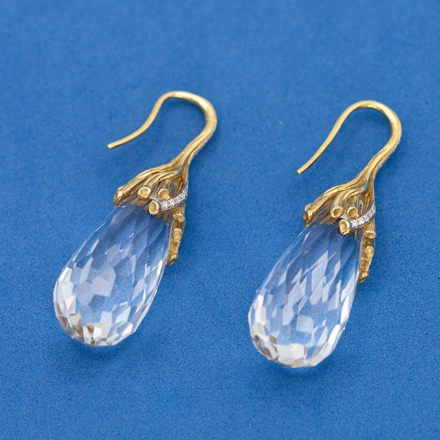 Michael Aram 18k Yellow Gold Diamond and Rock Crystal Drop Earrings- 2 Pieces For Sale In New York - Image 6 of 12