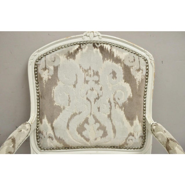 Vintage French Country Louis XV Style White Distress Painted Arm Chairs - A Pair For Sale - Image 4 of 12