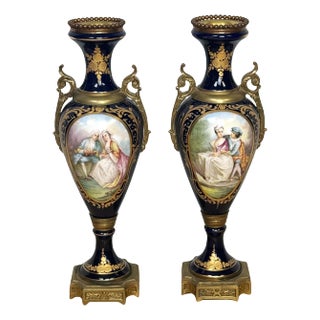 Louis XVI Style Cobalt Sevres Style Ormolu Mounted Vases - a Pair For Sale