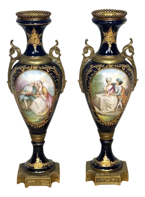 Louis XVI Style Cobalt Sevres Style Ormolu Mounted Vases - a Pair