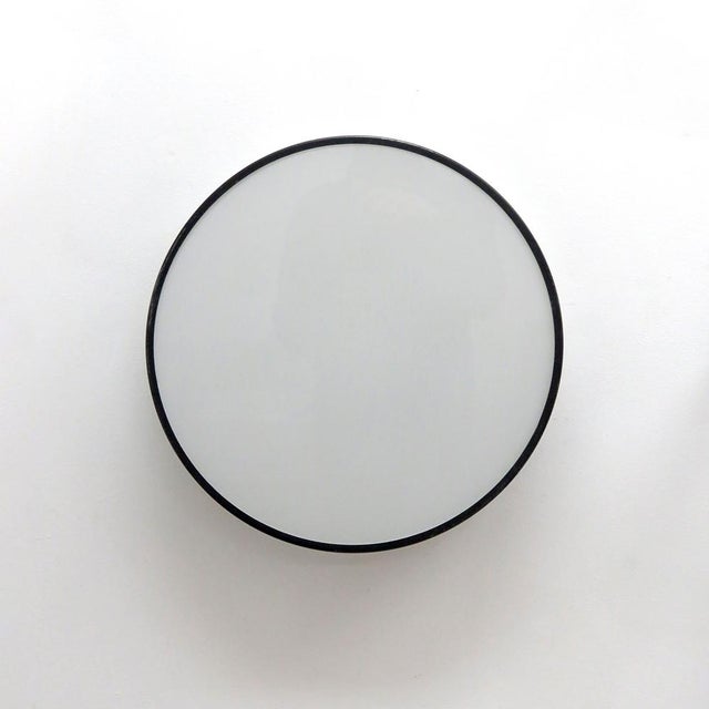 Stunning circular flush mount lights ‘Lundofte’ by Kay Boeck-Hansen & Jørgen Stærmose for Lyfa, 1972, in dark blue metal...