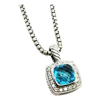 1990s David Yurman Blue Topaz Diamond Necklace 18" Sterling Silver Estate For Sale