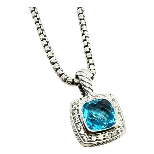 1990s David Yurman Blue Topaz Diamond Necklace 18" Sterling Silver Estate For Sale