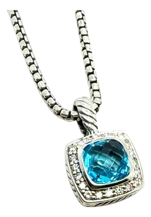 1990s David Yurman Blue Topaz Diamond Necklace 18" Sterling Silver Estate