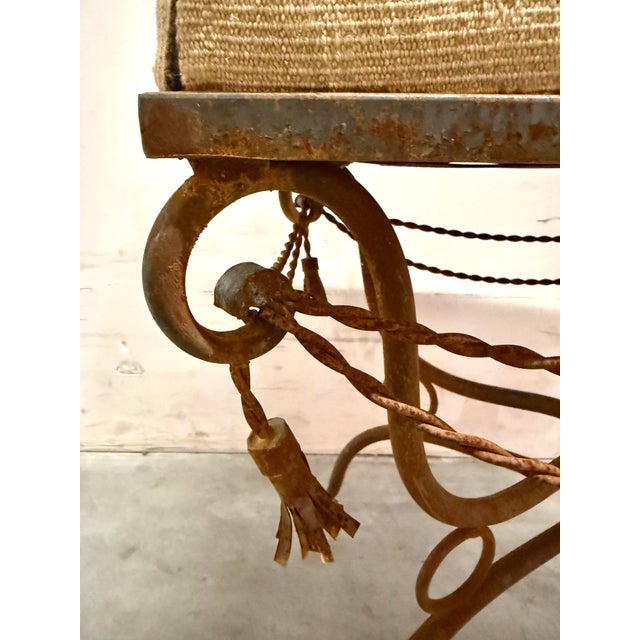 Vintage Spanish Revival Wrought Iron Bench Ottoman With Kilim Upholstery For Sale - Image 4 of 12