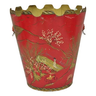 Mid 20th Century Italian Chinoiserie Hand Painted Oriental Red Tole Metal Wastebasket Trashcan For Sale