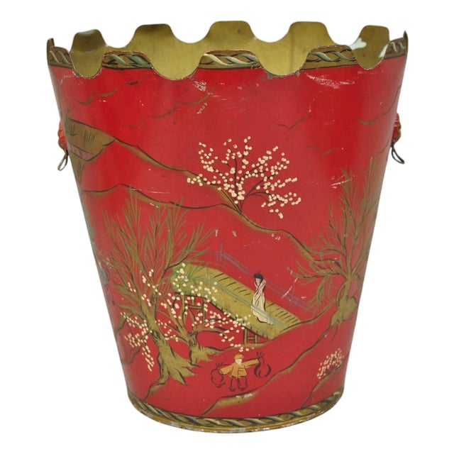 Mid 20th Century Italian Chinoiserie Hand Painted Oriental Red Tole Metal Wastebasket Trashcan For Sale