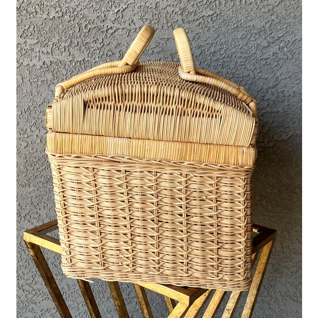 Circa 1970 Coastal Chic Nicely-Sized Decorative Rattan Sewing Basket With Folding Latch Handles For Sale - Image 14 of 15