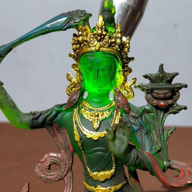 1940s 1940s Green Bodhisattva (Tara) Figurine Seated on Lotus Throne — Green & Gold Robes, Red Sashes For Sale - Image 5 of 9