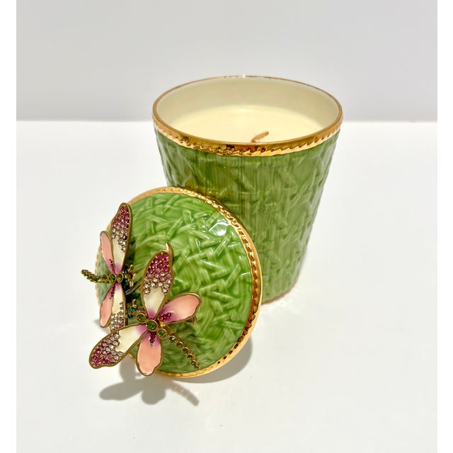 1990s Jay Strongwater Ivy Dragonfly Candle in Celadon Porcelain, 14k Gold, and Swarovski Crystals For Sale - Image 4 of 8